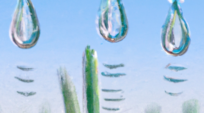 Water droplets, crops, AI-driven water conservation techniques, digital painting.