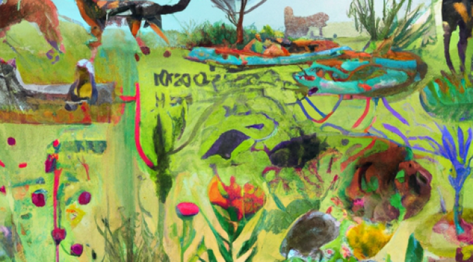 Biodiverse farm, species interactions, AI analysis, digital painting, naturalistic.