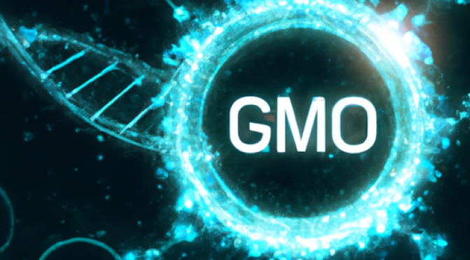 GMO structure, nutrient molecules, AI analysis, futuristic digital illustration.