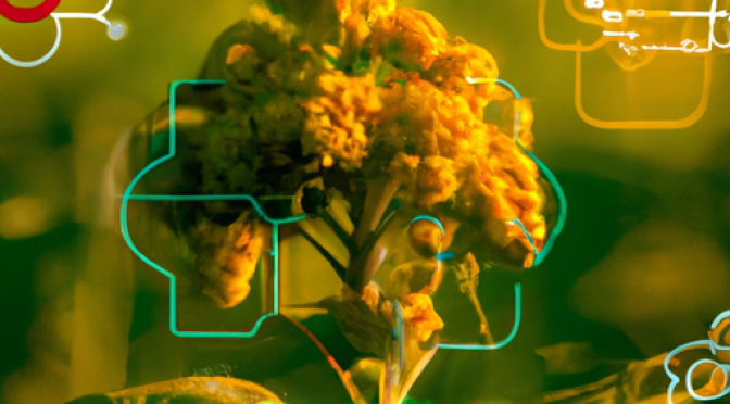 GMO and natural plant crossbreeding, AI predictions, vibrant digital visualization.