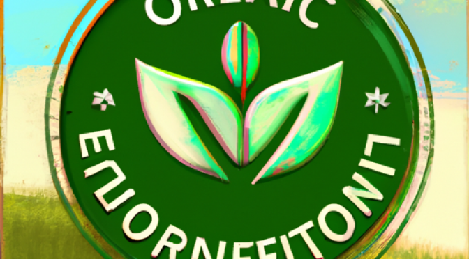 Organic certification badge, AI checklist, farm backdrop, surreal digital painting.