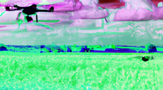 Drones over farmland, infrared images, crop health visualization, surreal digital painting.