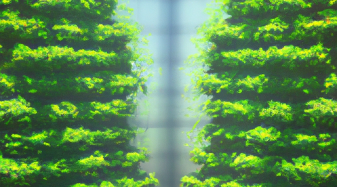 Vertical farming towers, AI-driven growth, lush greenery, modern digital art.
