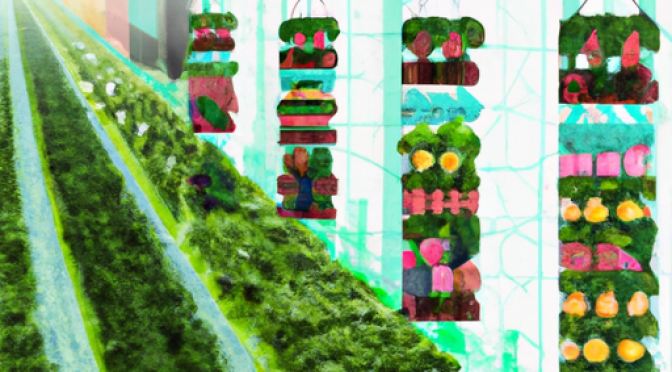 Vertical farm to retailer route, AI supply chain optimization, fresh delivery, futuristic digital painting.