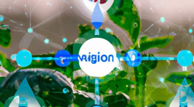 Smart irrigation system, AI-analytics, water droplets on crops, vibrant digital visualization.