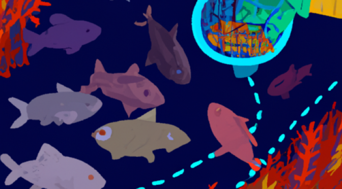 Ethical fish harvesting, AI guidelines, underwater farm, vibrant digital illustration.