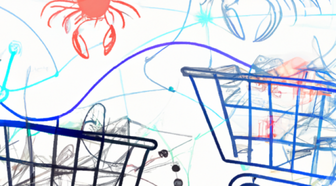 Seafood consumer trends, AI analytics, shopping baskets, fantasy digital illustration.