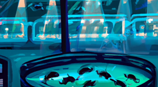 Futuristic fish hatchery, AI systems, baby fish, immersive digital illustration.