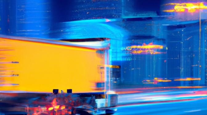 AI vehicles, efficient deliveries, city roads, dynamic digital art.