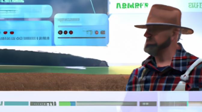 Farmer chat with AI bot, climate events backdrop, real-time advice, immersive digital visualization.