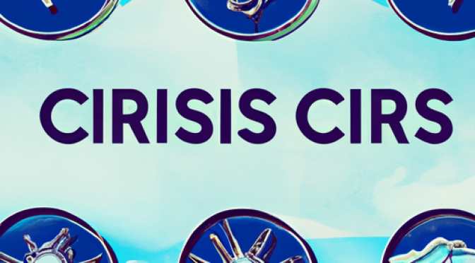 Crisis icons, early warning visuals, AI predictions, surreal digital visualization.