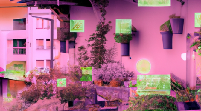 Urban balconies, rooftop gardens, AI app interface, surreal digital visualization.