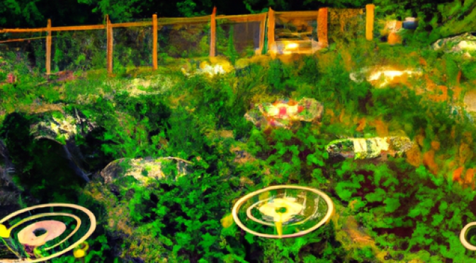 Community garden aerial, AI drones in action, monitoring visuals, surreal digital visualization.
