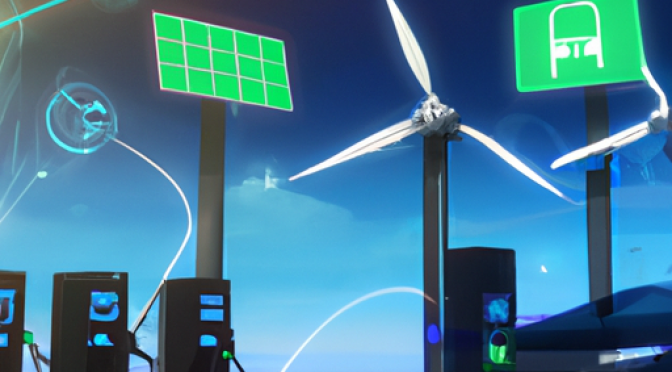 Solar/wind energy sources, EV charging station, AI integrations, immersive digital illustration.