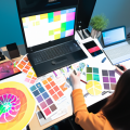 Designer workspace, AI feedback overlay, prototype iterations, vibrant digital painting.